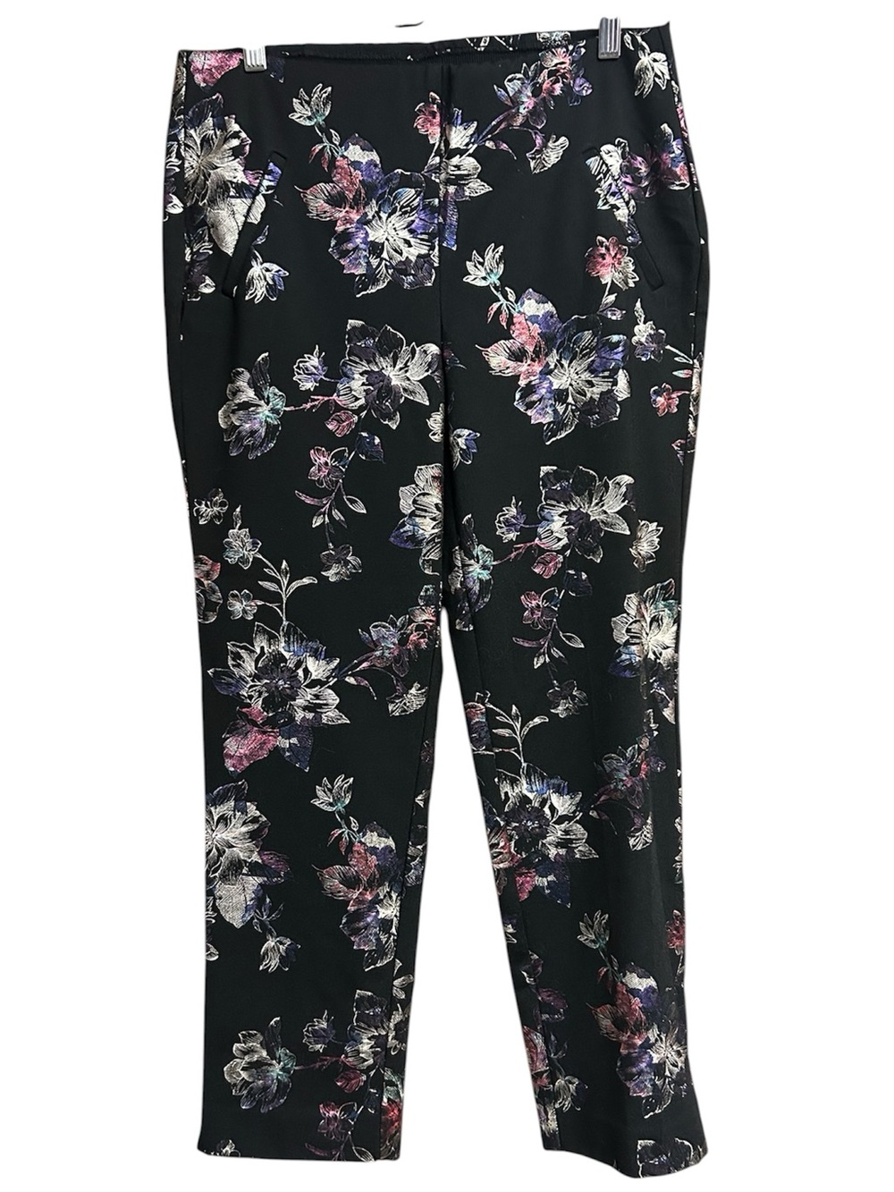 Chico’s “Fabulously Slimming” Metallic Floral Elastic Band Ankle Pants